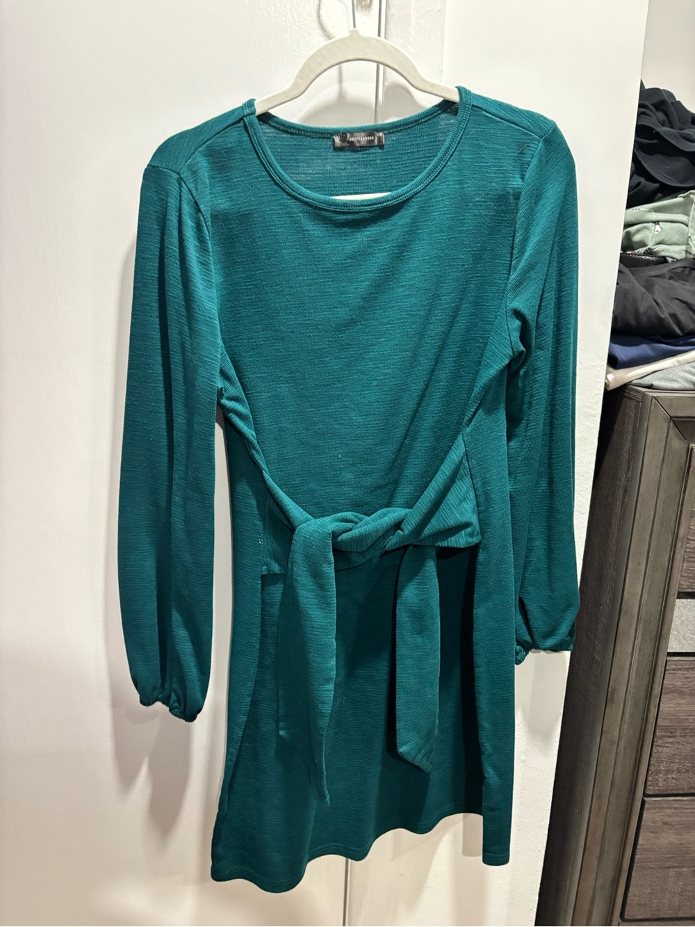 Crewneck Long Sleeve Knit Dress With Wrap Tie Waist